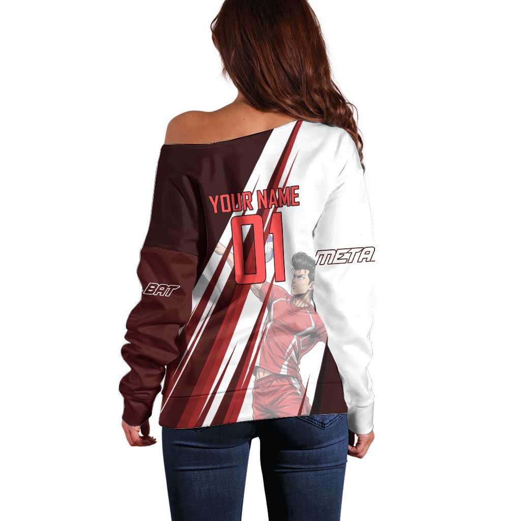Personalized Metal Bat Volleyball Design Off Shoulder Sweater with Red Athletic Theme and Powerful Action Pose