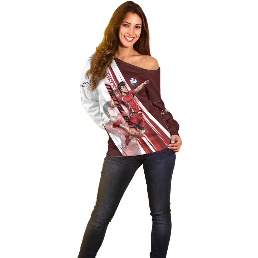 Personalized Metal Bat Volleyball Design Off Shoulder Sweater with Red Athletic Theme and Powerful Action Pose