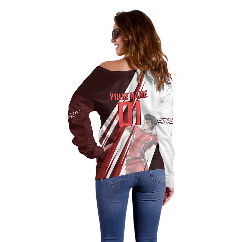 Personalized Metal Bat Volleyball Design Off Shoulder Sweater with Red Athletic Theme and Powerful Action Pose