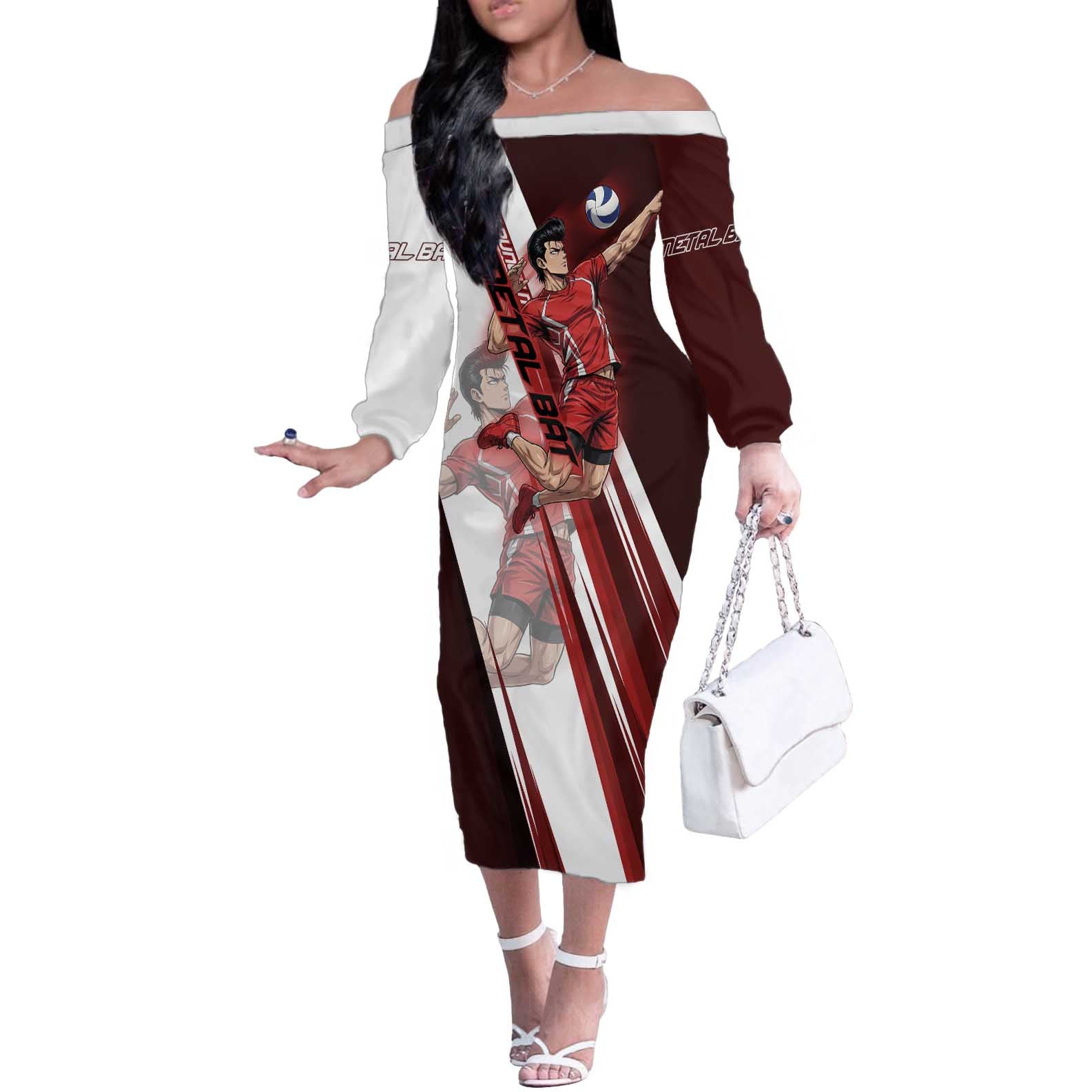 Personalized Metal Bat Volleyball Design Off The Shoulder Long Sleeve Dress with Red Athletic Theme and Powerful Action Pose