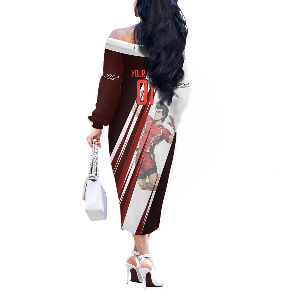 Personalized Metal Bat Volleyball Design Off The Shoulder Long Sleeve Dress with Red Athletic Theme and Powerful Action Pose
