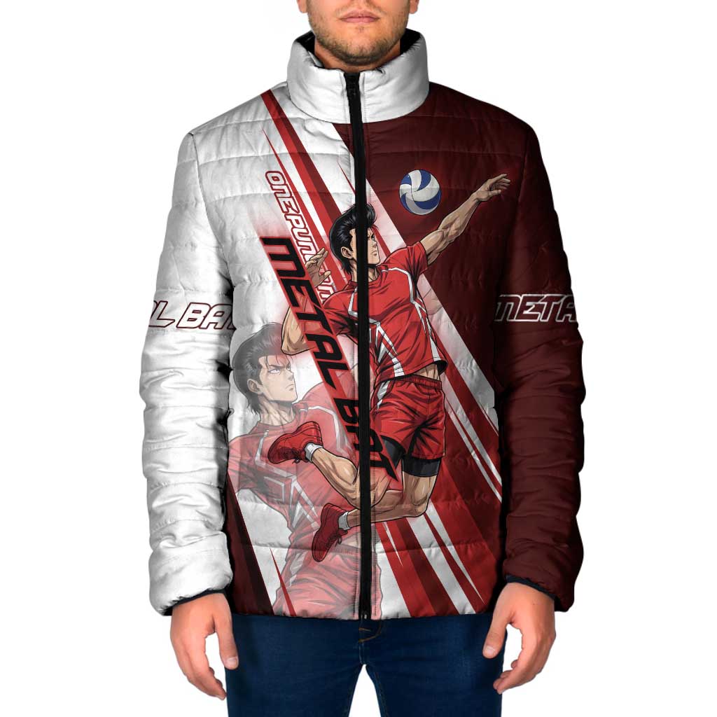 Personalized Metal Bat Volleyball Design Padded Jacket with Red Athletic Theme and Powerful Action Pose