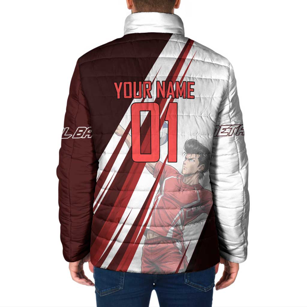 Personalized Metal Bat Volleyball Design Padded Jacket with Red Athletic Theme and Powerful Action Pose