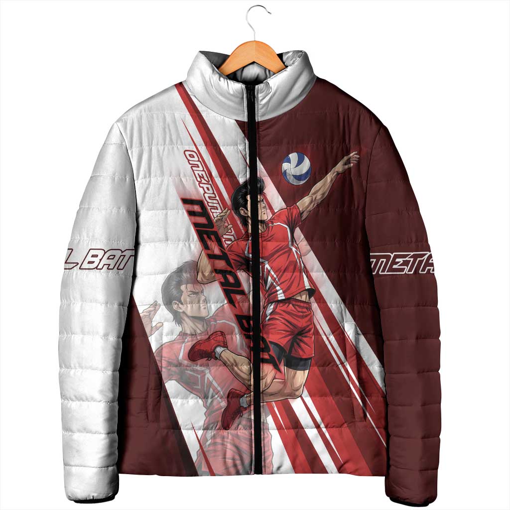 Personalized Metal Bat Volleyball Design Padded Jacket with Red Athletic Theme and Powerful Action Pose