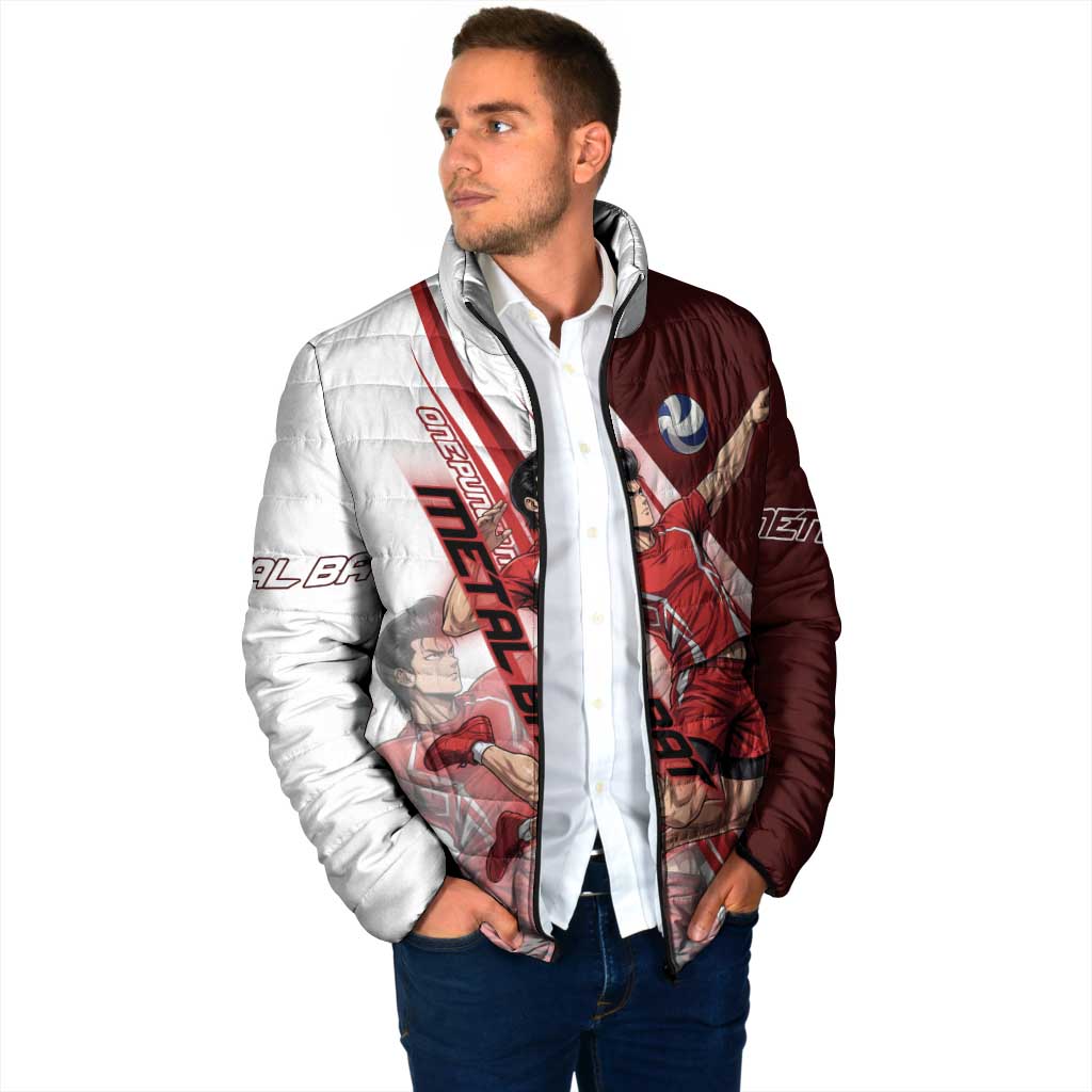 Personalized Metal Bat Volleyball Design Padded Jacket with Red Athletic Theme and Powerful Action Pose