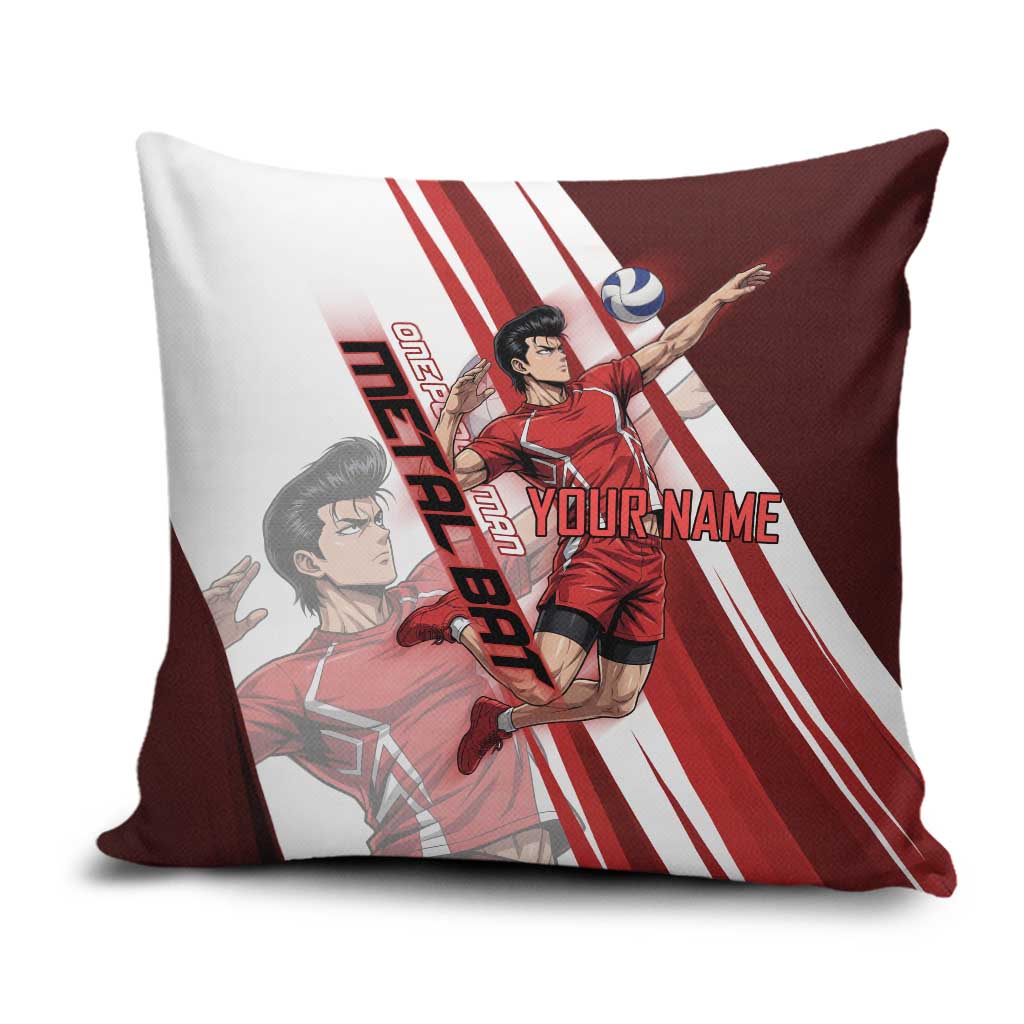 Personalized Metal Bat Volleyball Design Pillow Cover with Red Athletic Theme and Powerful Action Pose