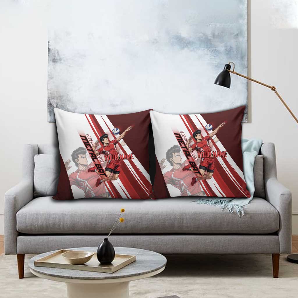 Personalized Metal Bat Volleyball Design Pillow Cover with Red Athletic Theme and Powerful Action Pose