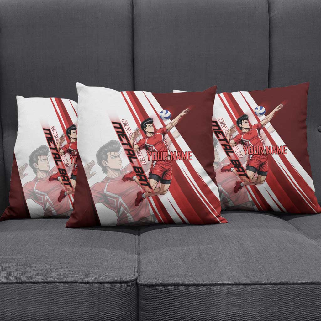 Personalized Metal Bat Volleyball Design Pillow Cover with Red Athletic Theme and Powerful Action Pose