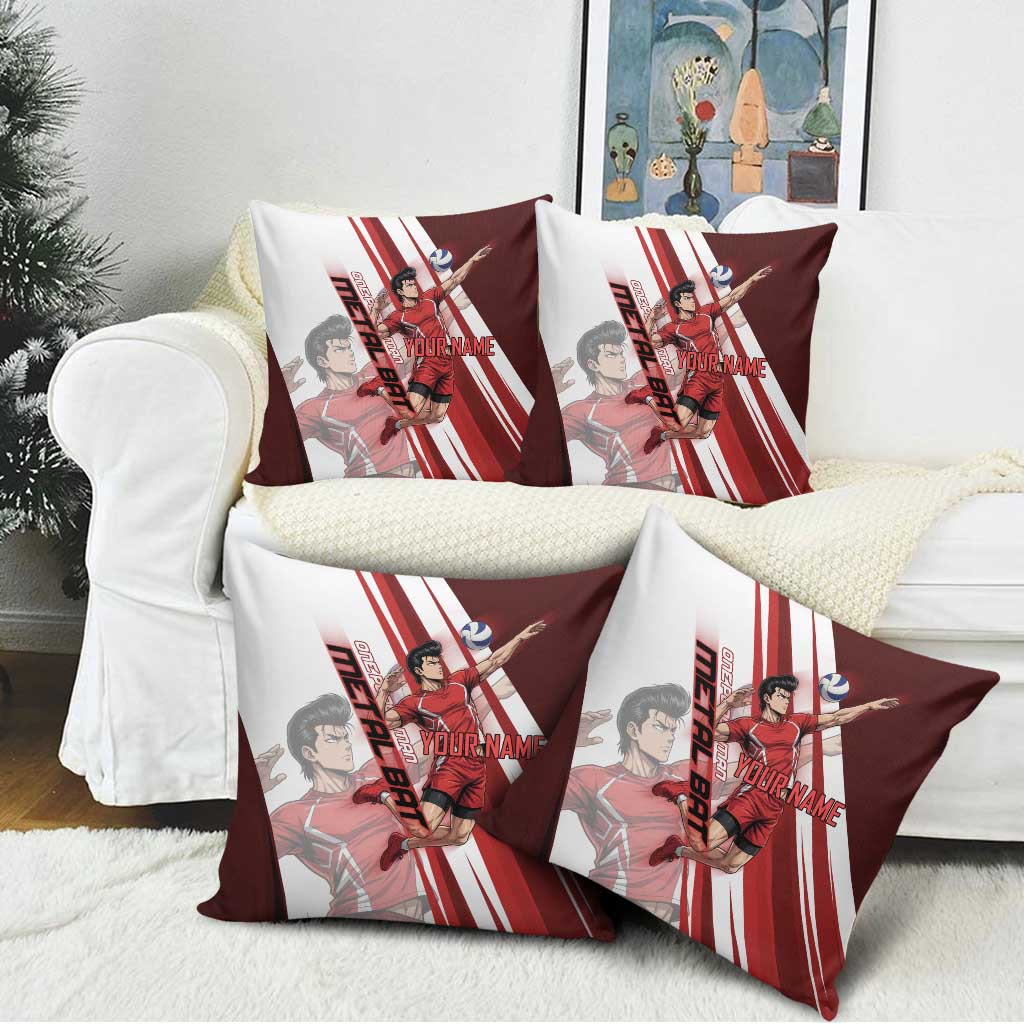 Personalized Metal Bat Volleyball Design Pillow Cover with Red Athletic Theme and Powerful Action Pose