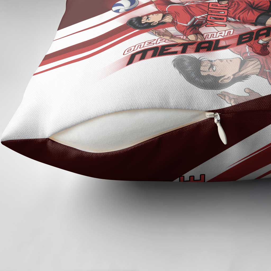 Personalized Metal Bat Volleyball Design Pillow Cover with Red Athletic Theme and Powerful Action Pose