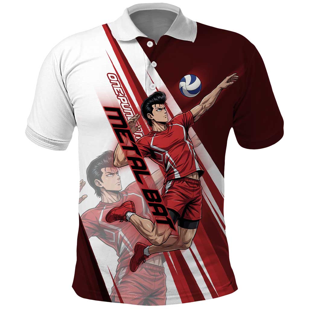 Personalized Metal Bat Volleyball Design Polo Shirt with Red Athletic Theme and Powerful Action Pose