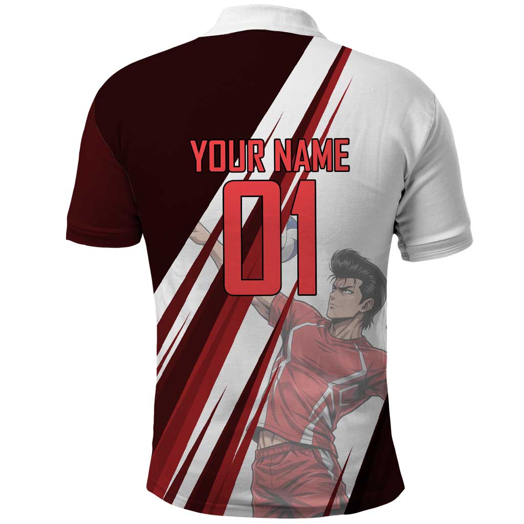 Personalized Metal Bat Volleyball Design Polo Shirt with Red Athletic Theme and Powerful Action Pose