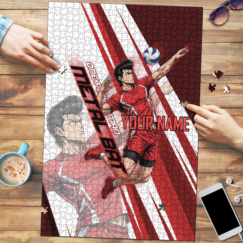 Personalized Metal Bat Volleyball Design Puzzle with Red Athletic Theme and Powerful Action Pose