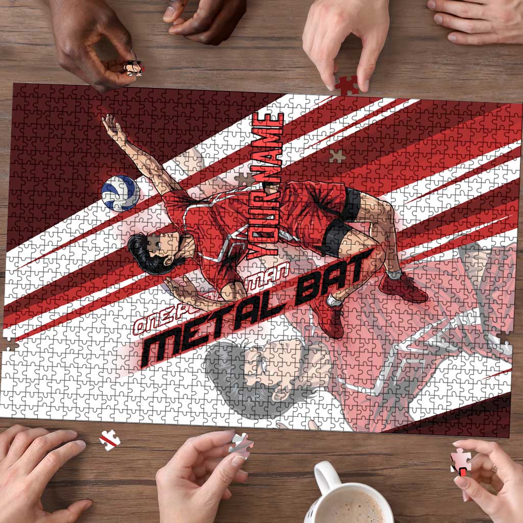 Personalized Metal Bat Volleyball Design Puzzle with Red Athletic Theme and Powerful Action Pose