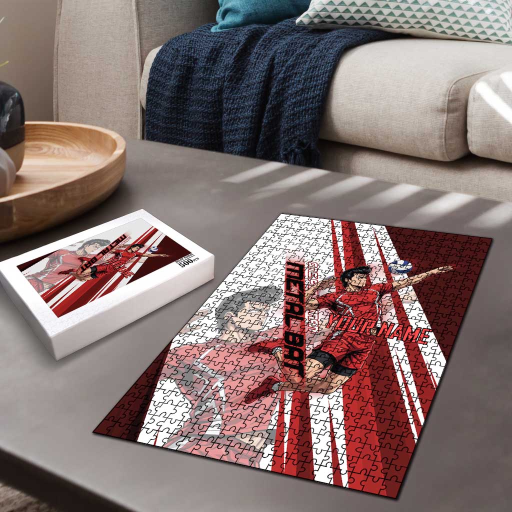 Personalized Metal Bat Volleyball Design Puzzle with Red Athletic Theme and Powerful Action Pose