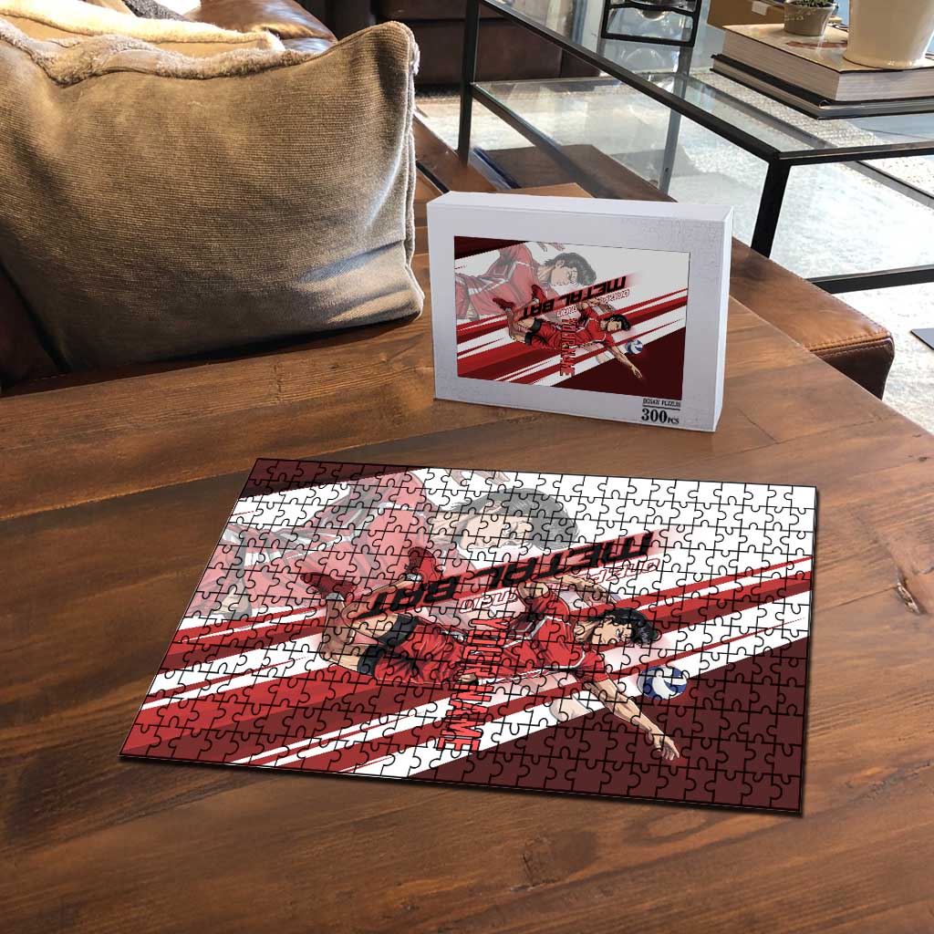 Personalized Metal Bat Volleyball Design Puzzle with Red Athletic Theme and Powerful Action Pose