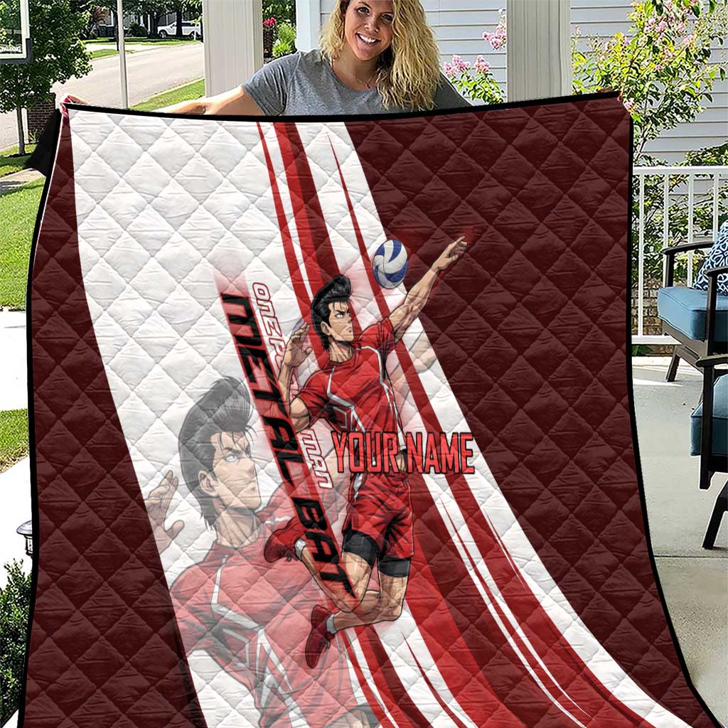 Personalized Metal Bat Volleyball Design Quilt with Red Athletic Theme and Powerful Action Pose