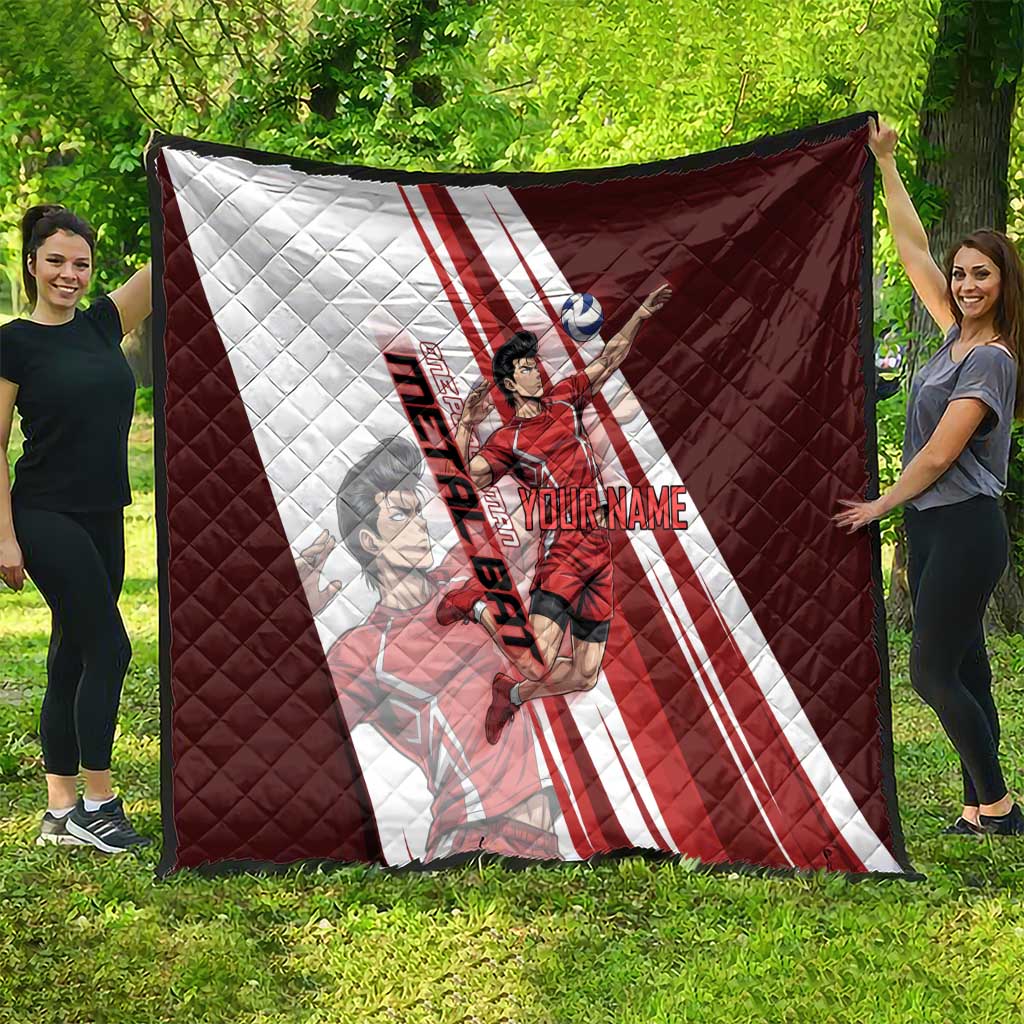 Personalized Metal Bat Volleyball Design Quilt with Red Athletic Theme and Powerful Action Pose