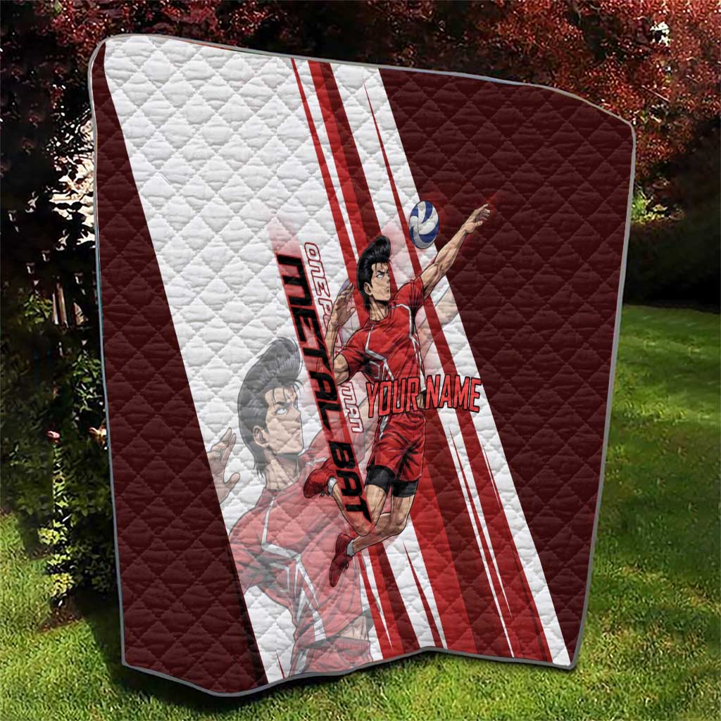 Personalized Metal Bat Volleyball Design Quilt with Red Athletic Theme and Powerful Action Pose