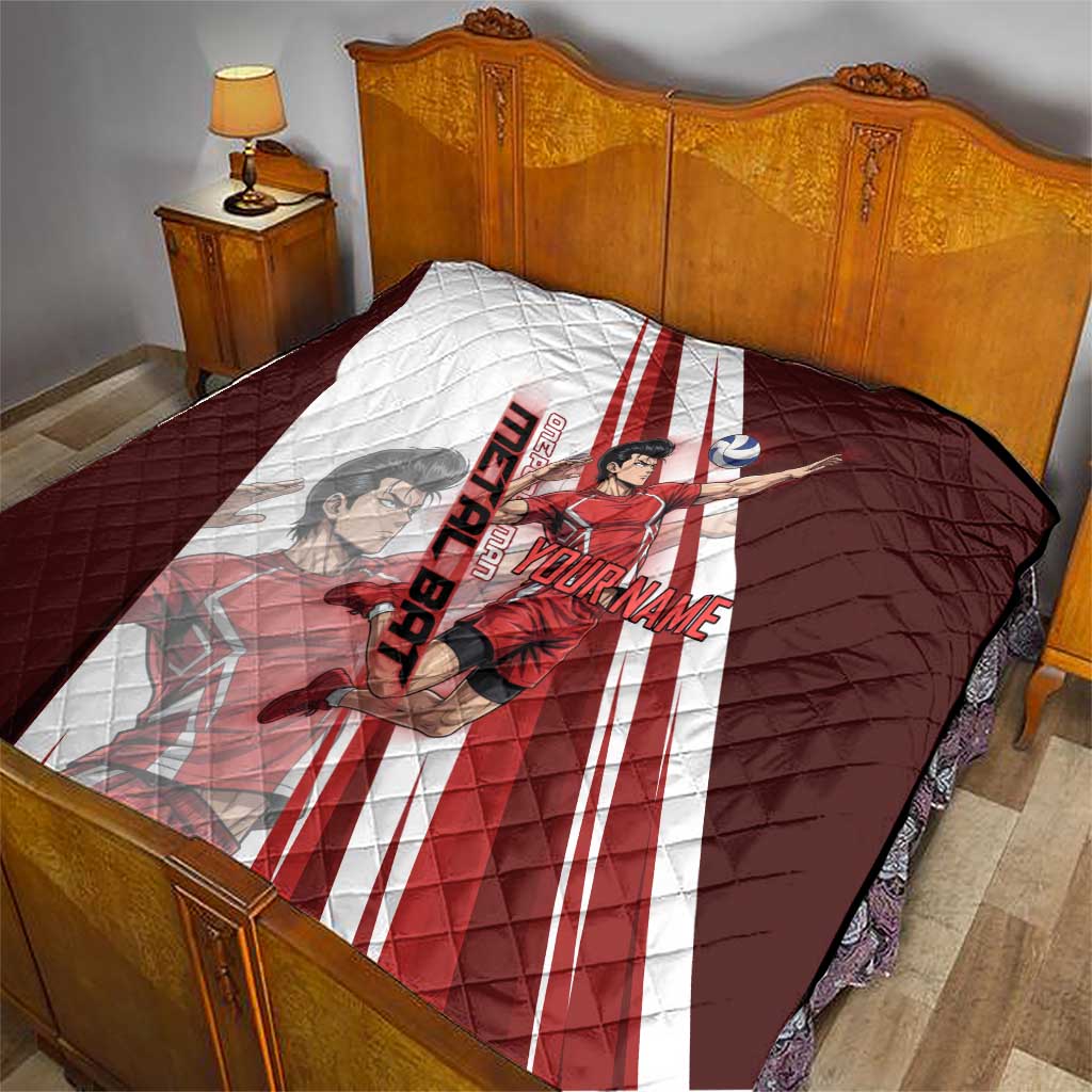 Personalized Metal Bat Volleyball Design Quilt with Red Athletic Theme and Powerful Action Pose