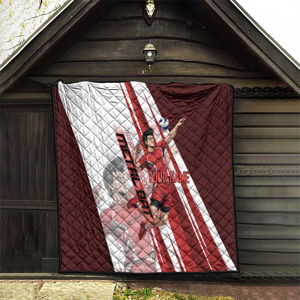 Personalized Metal Bat Volleyball Design Quilt with Red Athletic Theme and Powerful Action Pose