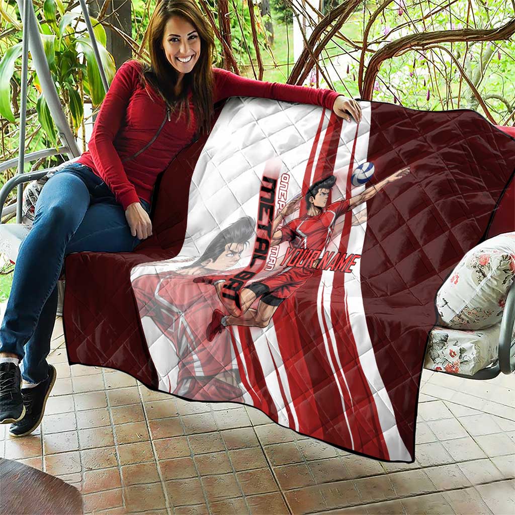 Personalized Metal Bat Volleyball Design Quilt with Red Athletic Theme and Powerful Action Pose