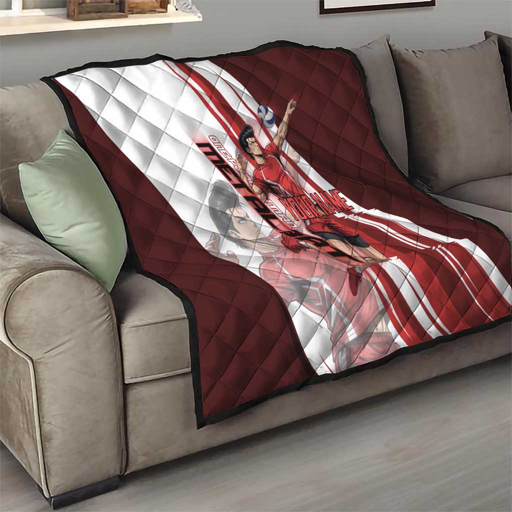 Personalized Metal Bat Volleyball Design Quilt with Red Athletic Theme and Powerful Action Pose