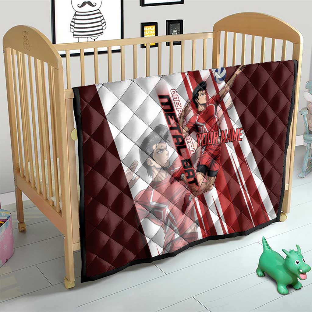 Personalized Metal Bat Volleyball Design Quilt with Red Athletic Theme and Powerful Action Pose