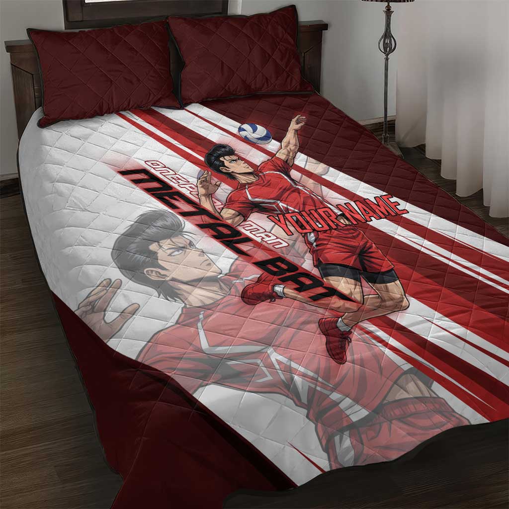 Personalized Metal Bat Volleyball Design Quilt Bed Set with Red Athletic Theme and Powerful Action Pose