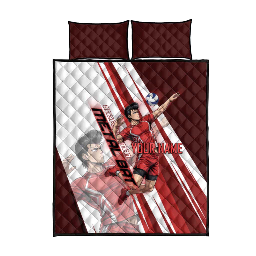 Personalized Metal Bat Volleyball Design Quilt Bed Set with Red Athletic Theme and Powerful Action Pose