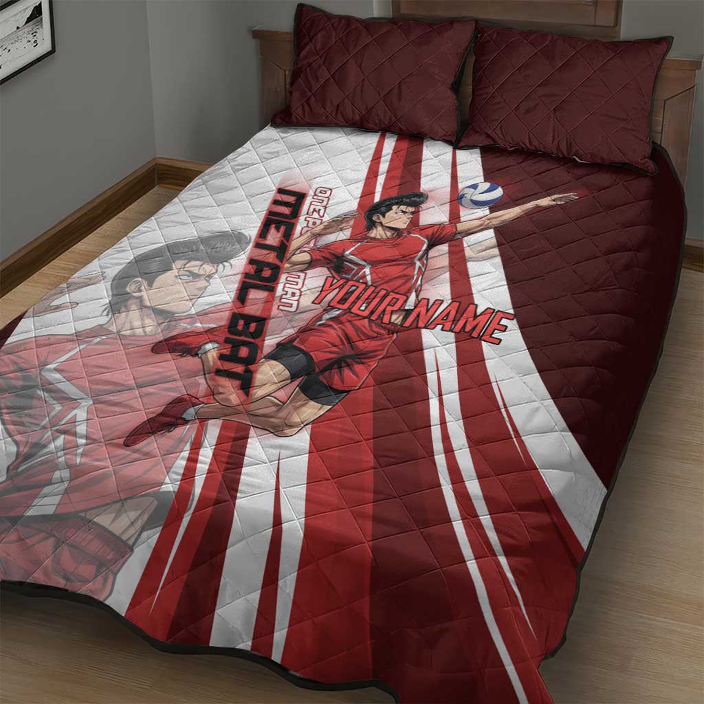 Personalized Metal Bat Volleyball Design Quilt Bed Set with Red Athletic Theme and Powerful Action Pose