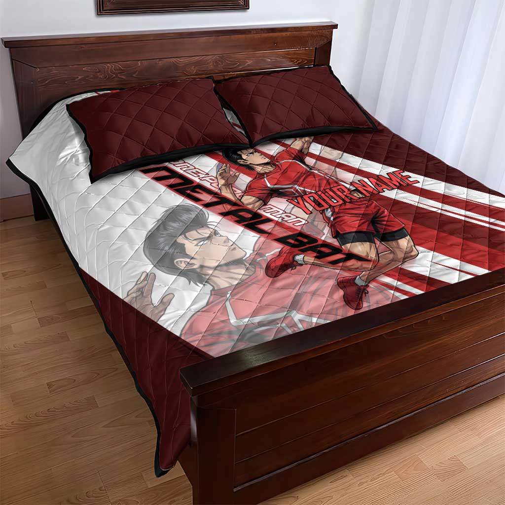 Personalized Metal Bat Volleyball Design Quilt Bed Set with Red Athletic Theme and Powerful Action Pose