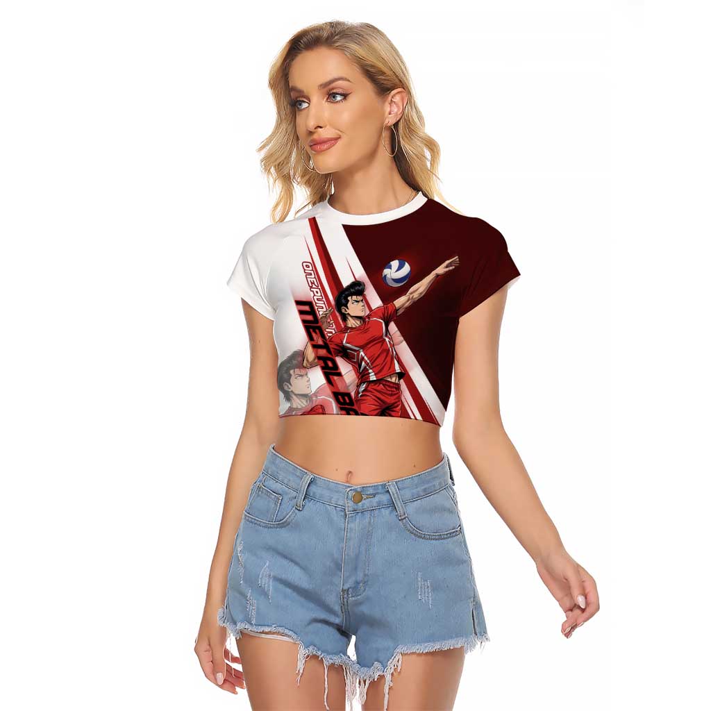 Personalized Metal Bat Volleyball Design Raglan Cropped T Shirt with Red Athletic Theme and Powerful Action Pose