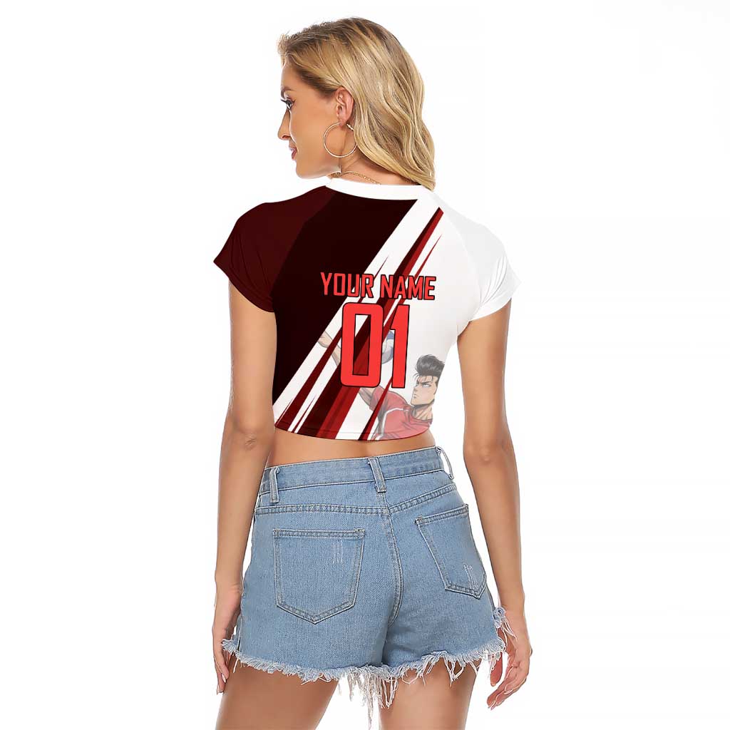 Personalized Metal Bat Volleyball Design Raglan Cropped T Shirt with Red Athletic Theme and Powerful Action Pose