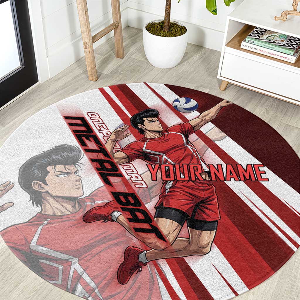 Personalized Metal Bat Volleyball Design Round Carpet with Red Athletic Theme and Powerful Action Pose