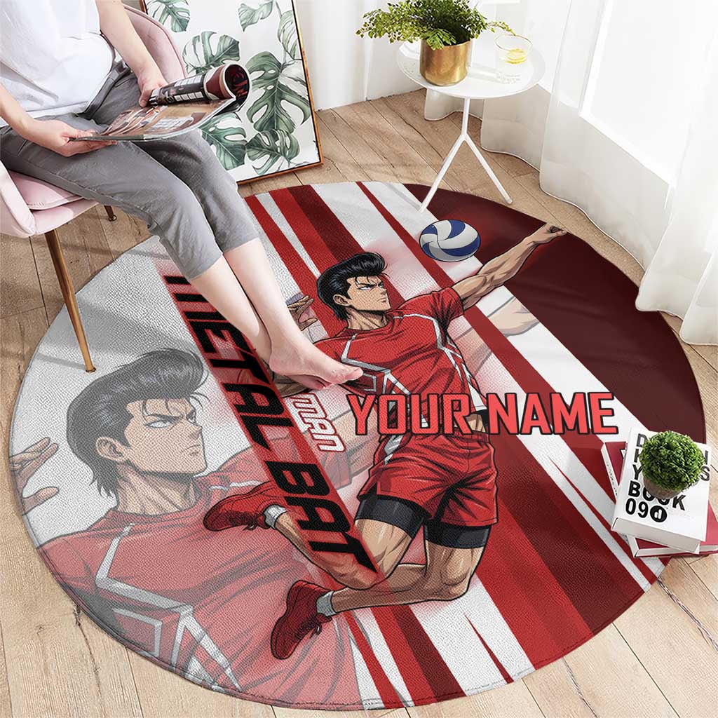 Personalized Metal Bat Volleyball Design Round Carpet with Red Athletic Theme and Powerful Action Pose