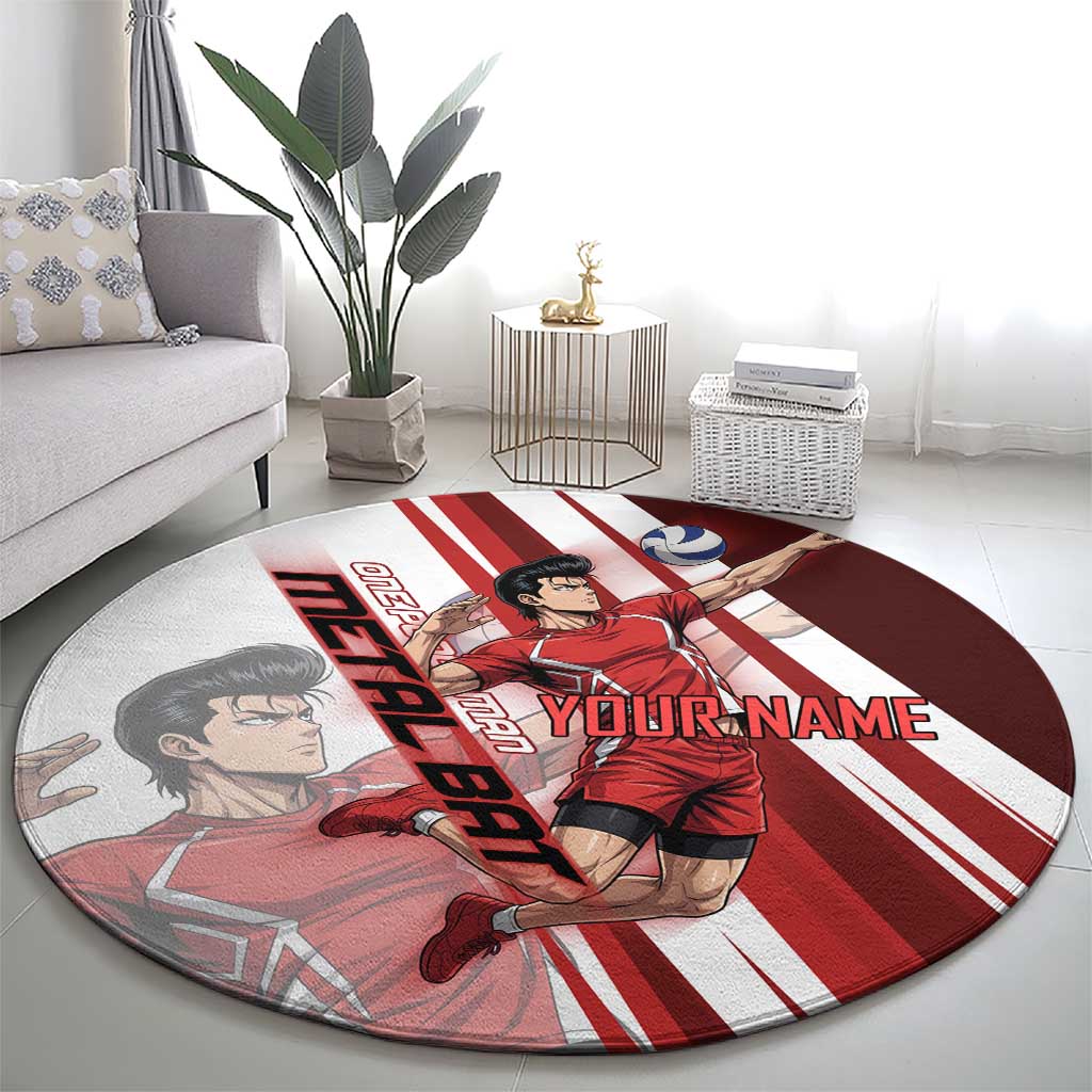 Personalized Metal Bat Volleyball Design Round Carpet with Red Athletic Theme and Powerful Action Pose