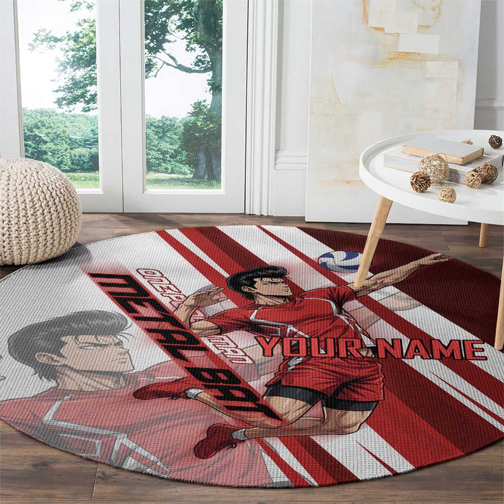 Personalized Metal Bat Volleyball Design Round Carpet with Red Athletic Theme and Powerful Action Pose