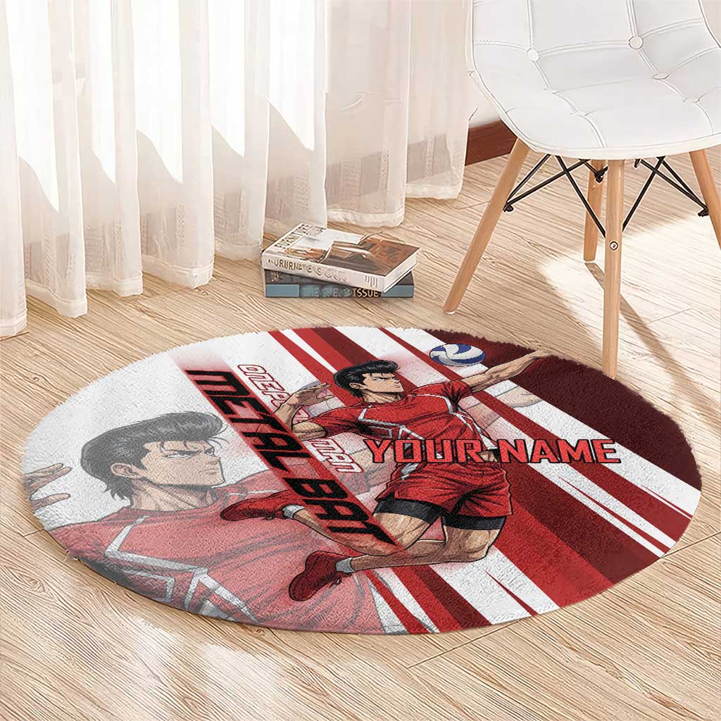 Personalized Metal Bat Volleyball Design Round Carpet with Red Athletic Theme and Powerful Action Pose