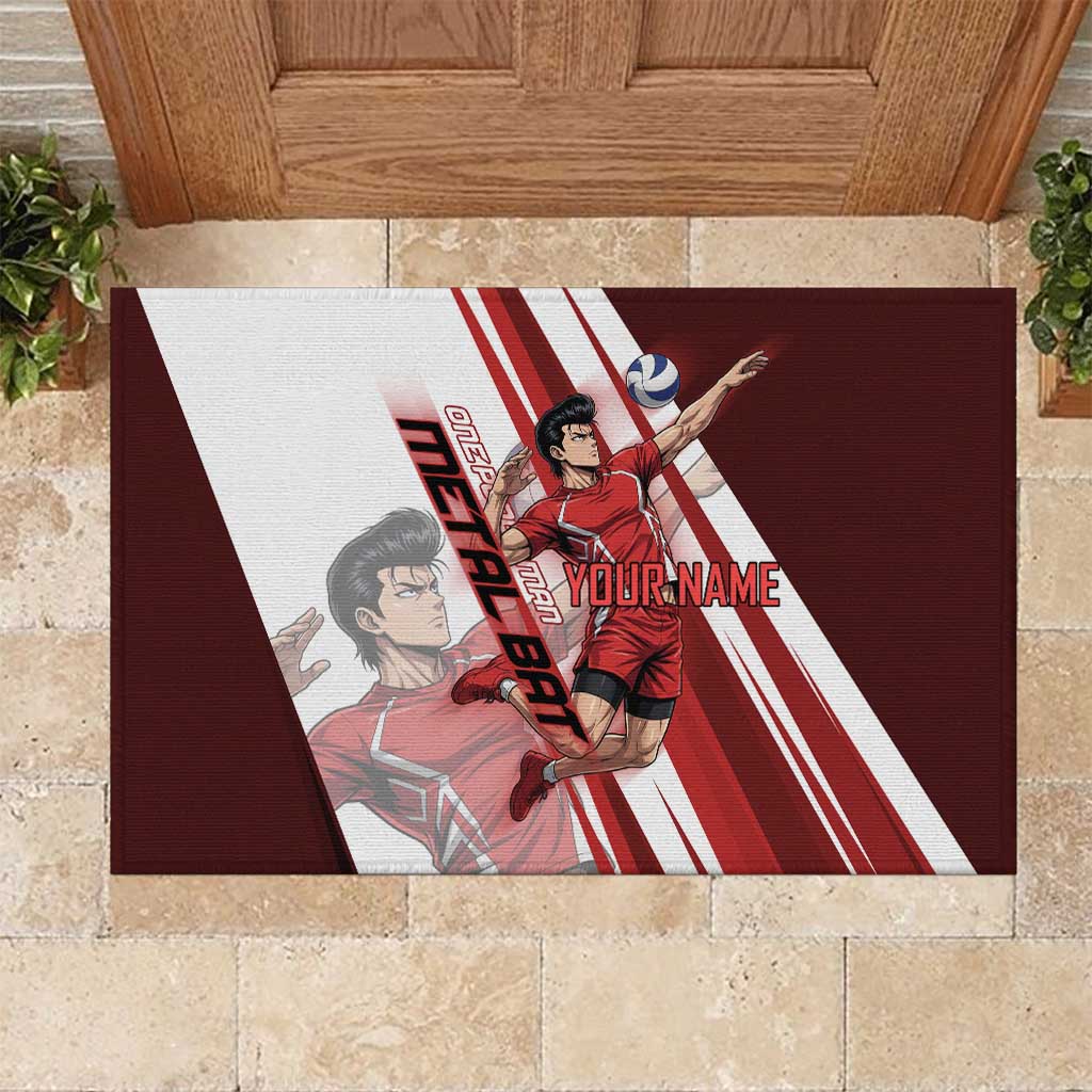Personalized Metal Bat Volleyball Design Rubber Doormat with Red Athletic Theme and Powerful Action Pose