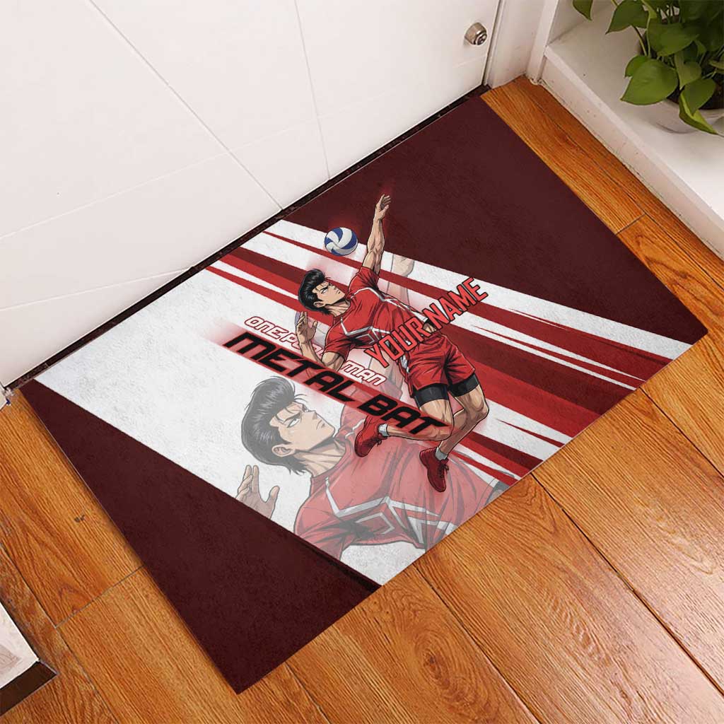 Personalized Metal Bat Volleyball Design Rubber Doormat with Red Athletic Theme and Powerful Action Pose