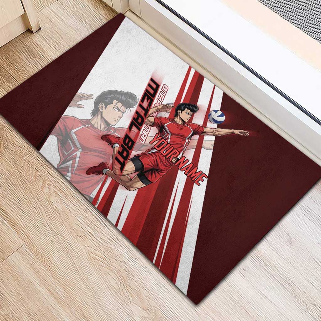 Personalized Metal Bat Volleyball Design Rubber Doormat with Red Athletic Theme and Powerful Action Pose