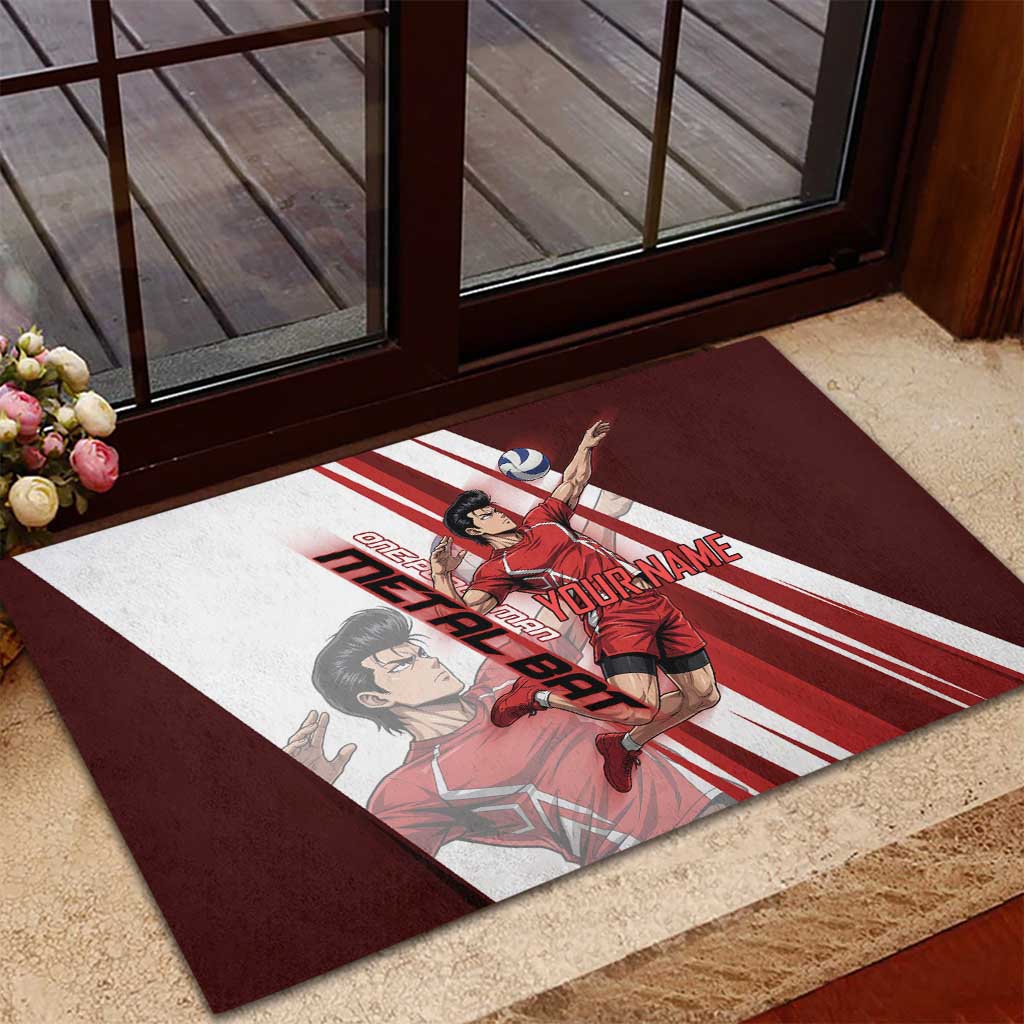 Personalized Metal Bat Volleyball Design Rubber Doormat with Red Athletic Theme and Powerful Action Pose