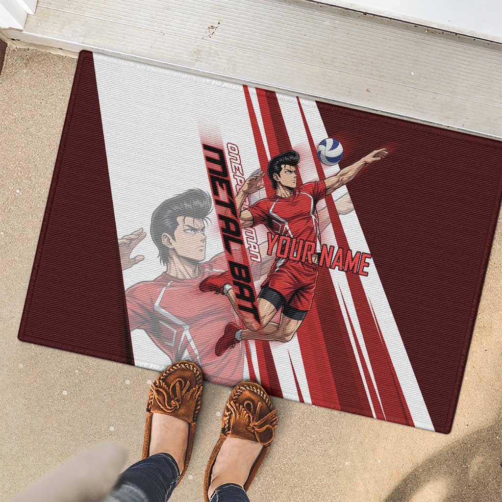 Personalized Metal Bat Volleyball Design Rubber Doormat with Red Athletic Theme and Powerful Action Pose