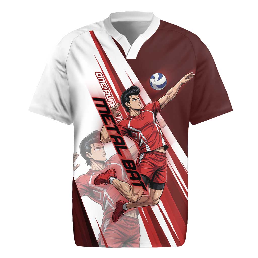 Personalized Metal Bat Volleyball Design Rugby Jersey with Red Athletic Theme and Powerful Action Pose