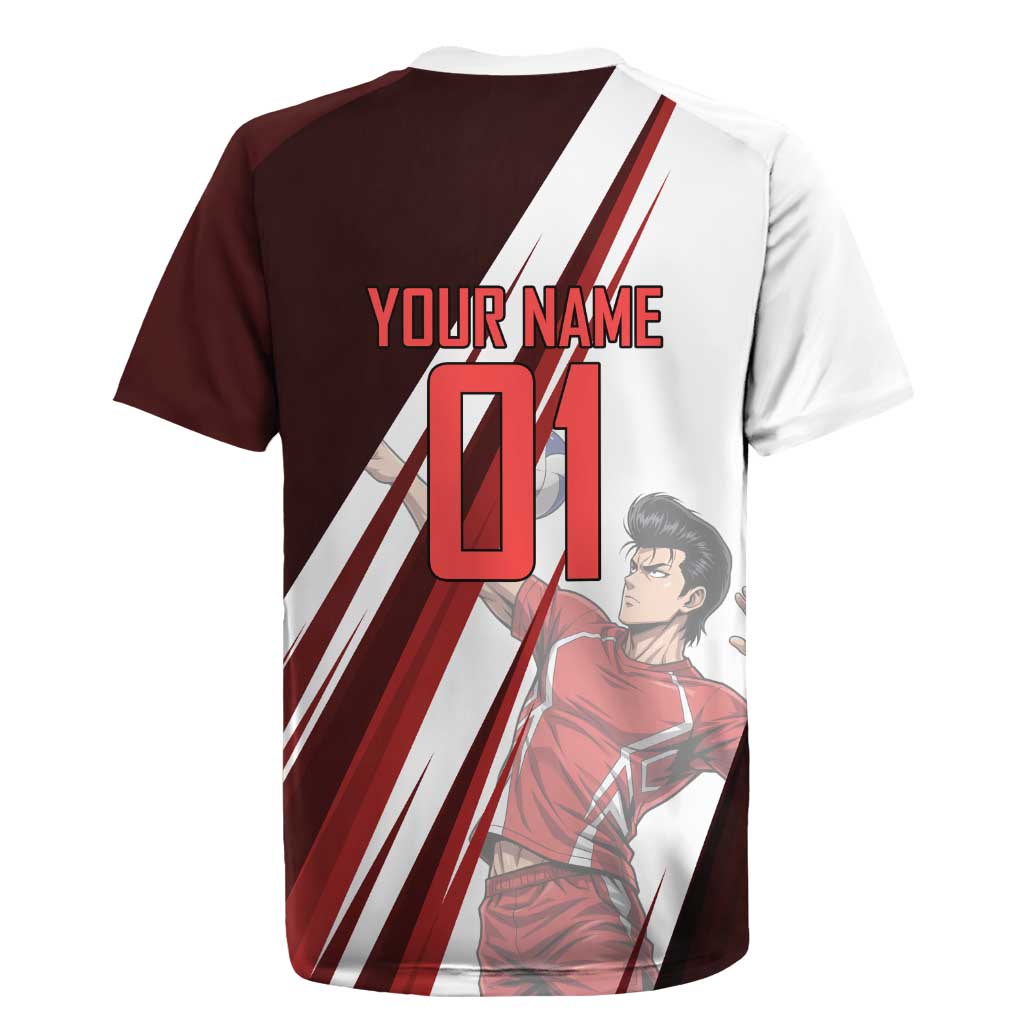 Personalized Metal Bat Volleyball Design Rugby Jersey with Red Athletic Theme and Powerful Action Pose