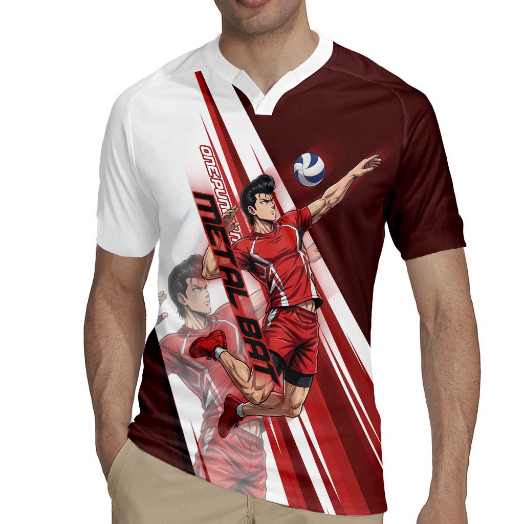 Personalized Metal Bat Volleyball Design Rugby Jersey with Red Athletic Theme and Powerful Action Pose