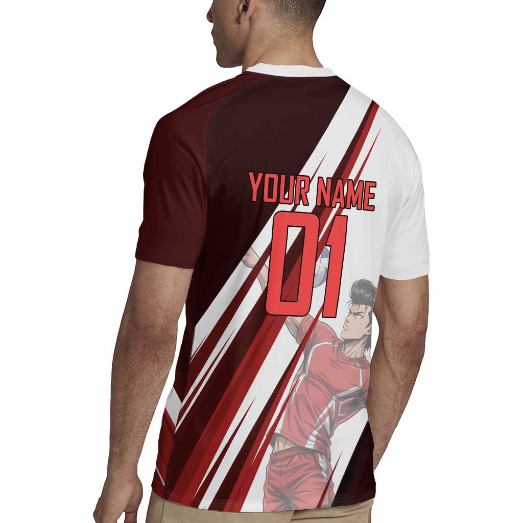 Personalized Metal Bat Volleyball Design Rugby Jersey with Red Athletic Theme and Powerful Action Pose