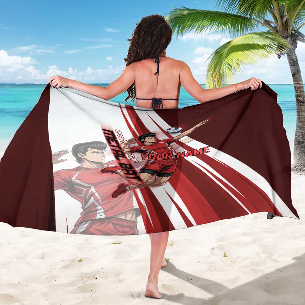 Personalized Metal Bat Volleyball Design Sarong with Red Athletic Theme and Powerful Action Pose