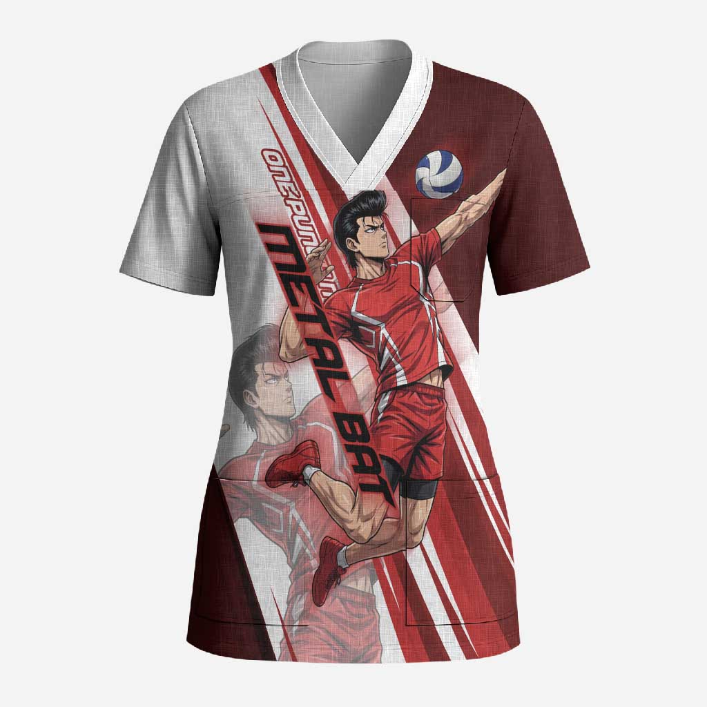 Personalized Metal Bat Volleyball Design Scrub Top with Red Athletic Theme and Powerful Action Pose